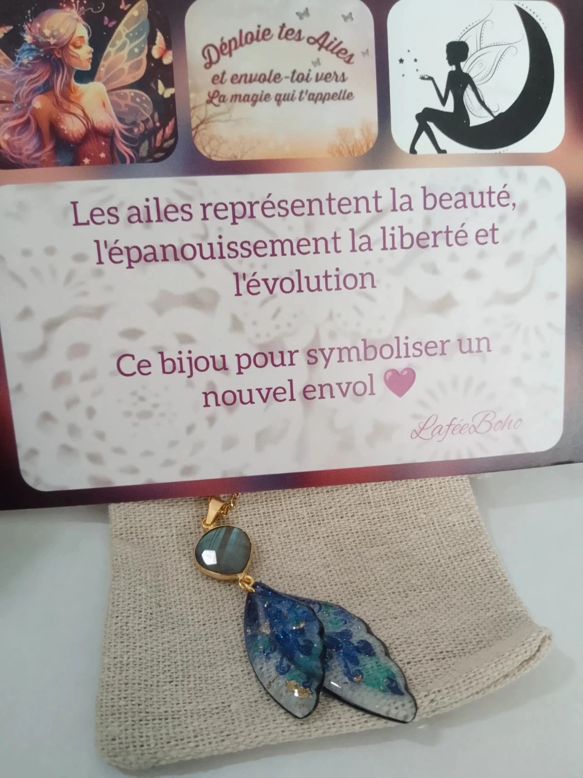 Collier labradorite ailes de papillons bleues + carte offerte – photo 6